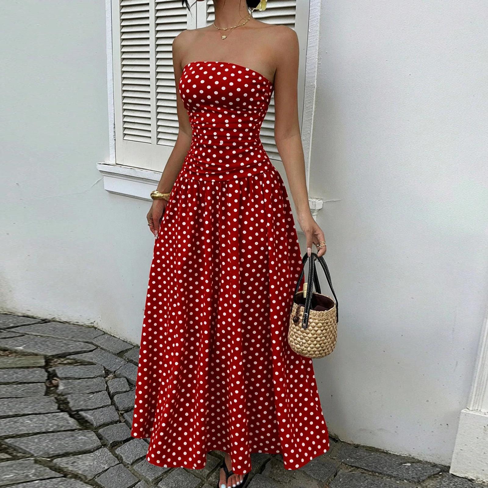 Damen Polka Dot Off-Shoulder A-Linie Elegantes Taillenbetonendes Kleid Abendkleid S rot