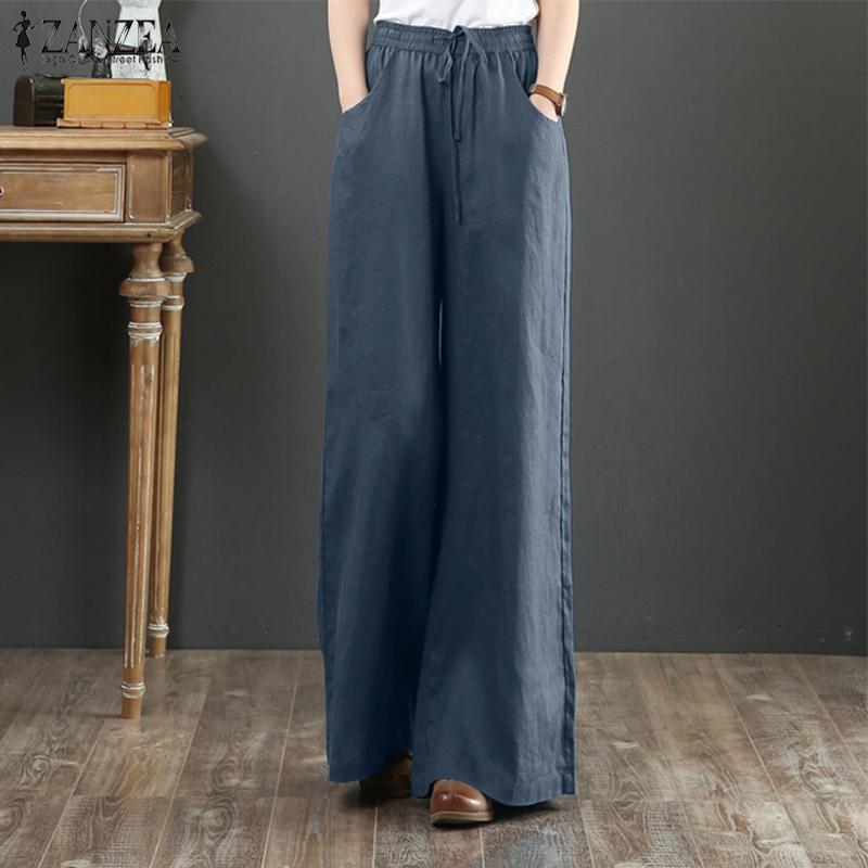 ZANZEA Vintage Damen elastische Taille Business Casual weites Bein Hose Culottes Flare lange Hose S blau