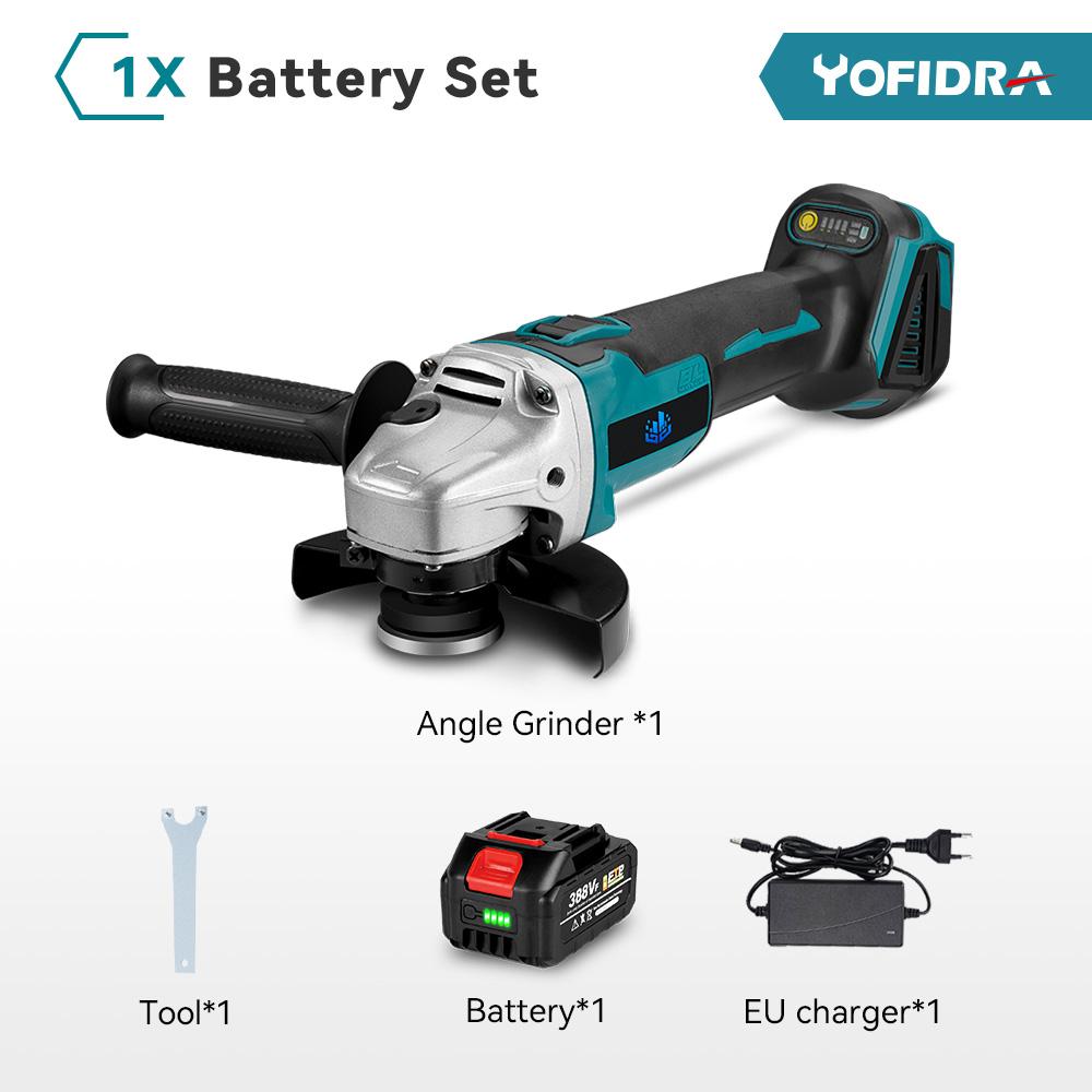 Yofidra 125mm Bürstenloser Winkelschleifer 4 Gänge Akku-Schleifmaschine Schneiden Holzbearbeitung Elektrowerkzeug Für Makita 18V Batterie 1 Battery EU Plug