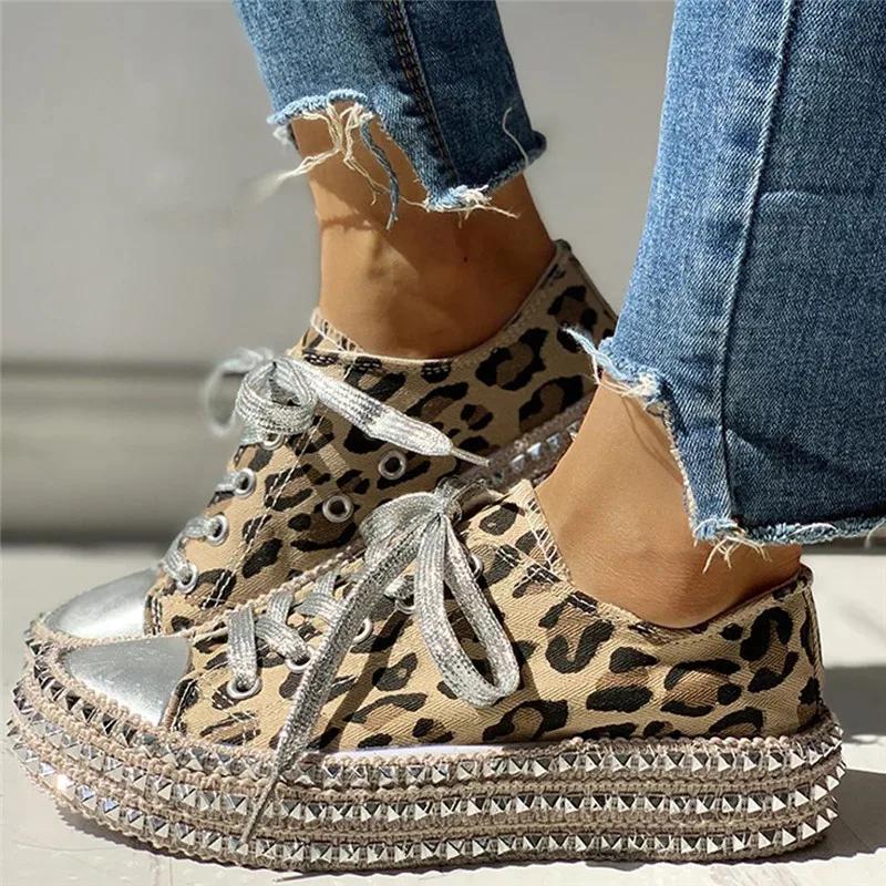Frauen Turnschuhe Leopard Nieten Schuhe Frauen Leinwand Schuhe Freizeit Lace-Up Low High Top Sneakers Korb Femme Große Größe frauen Schuhe 35