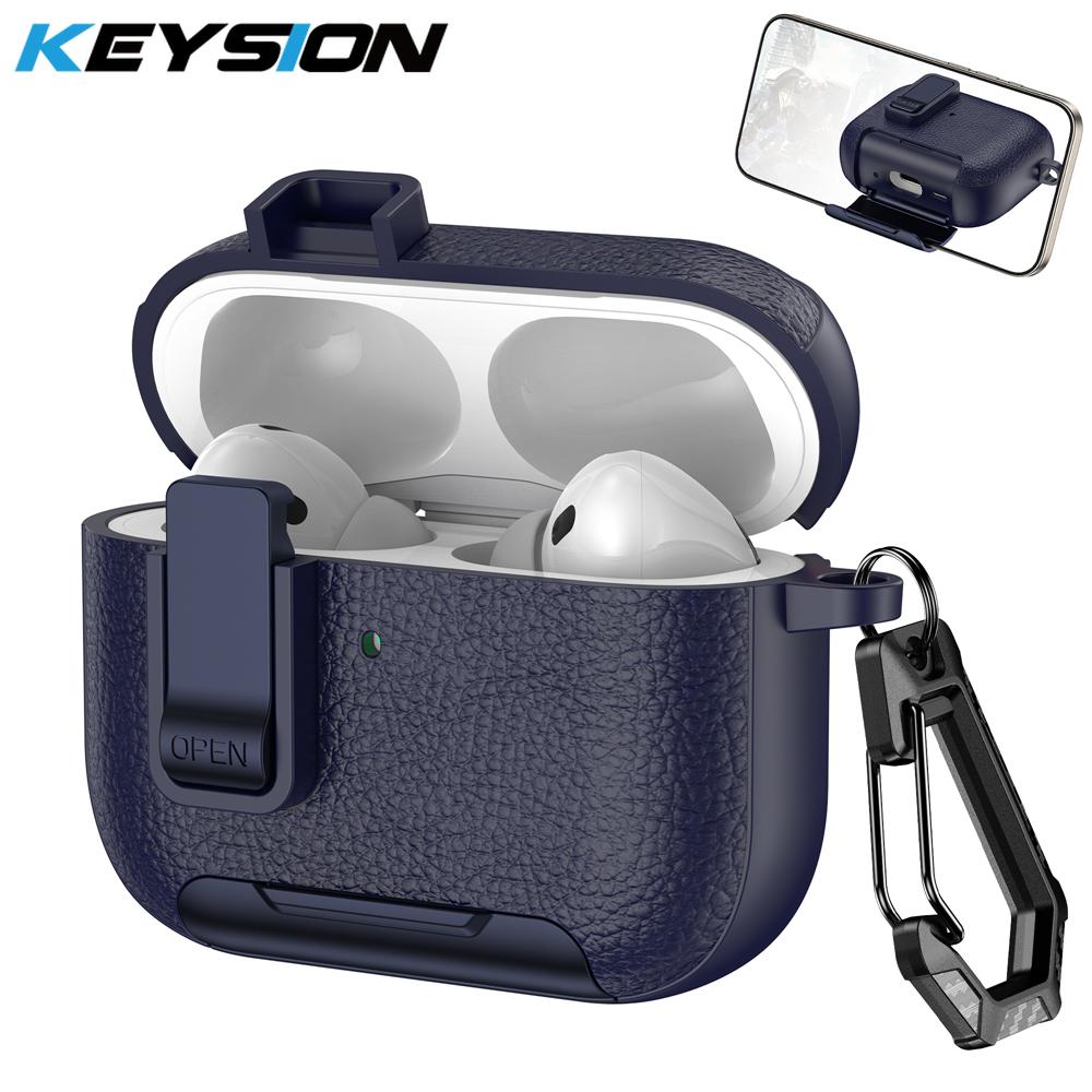 KEYSION mit Karabinerverschluss Handyhalter Schutzhülle für AirPods Pro 3 Pro 2 Weiche TPU+PC Stoßfeste Hülle für AirPods 4 3 2 1 for AirPods Pro 2 blau