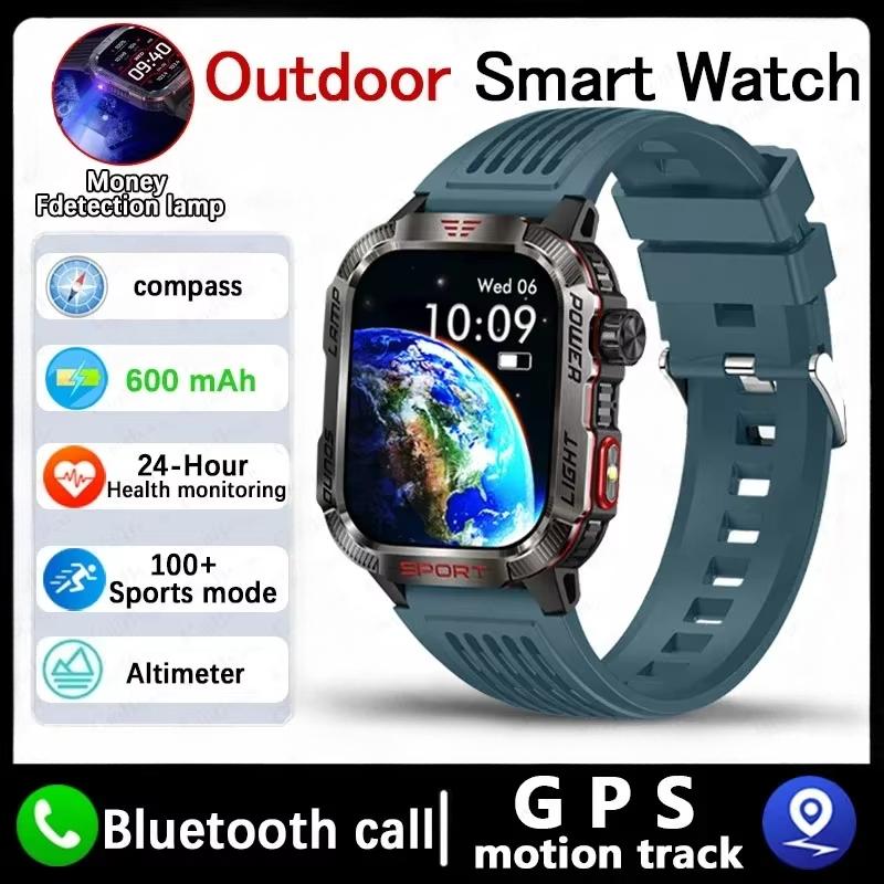 2025 Neue Militär-GPS-Smartwatch Herren Taschenlampe Kompass Wasserdicht Outdoor-Sport-Tracker Bluetooth-Anruf Smartwatch Blue silicone belt