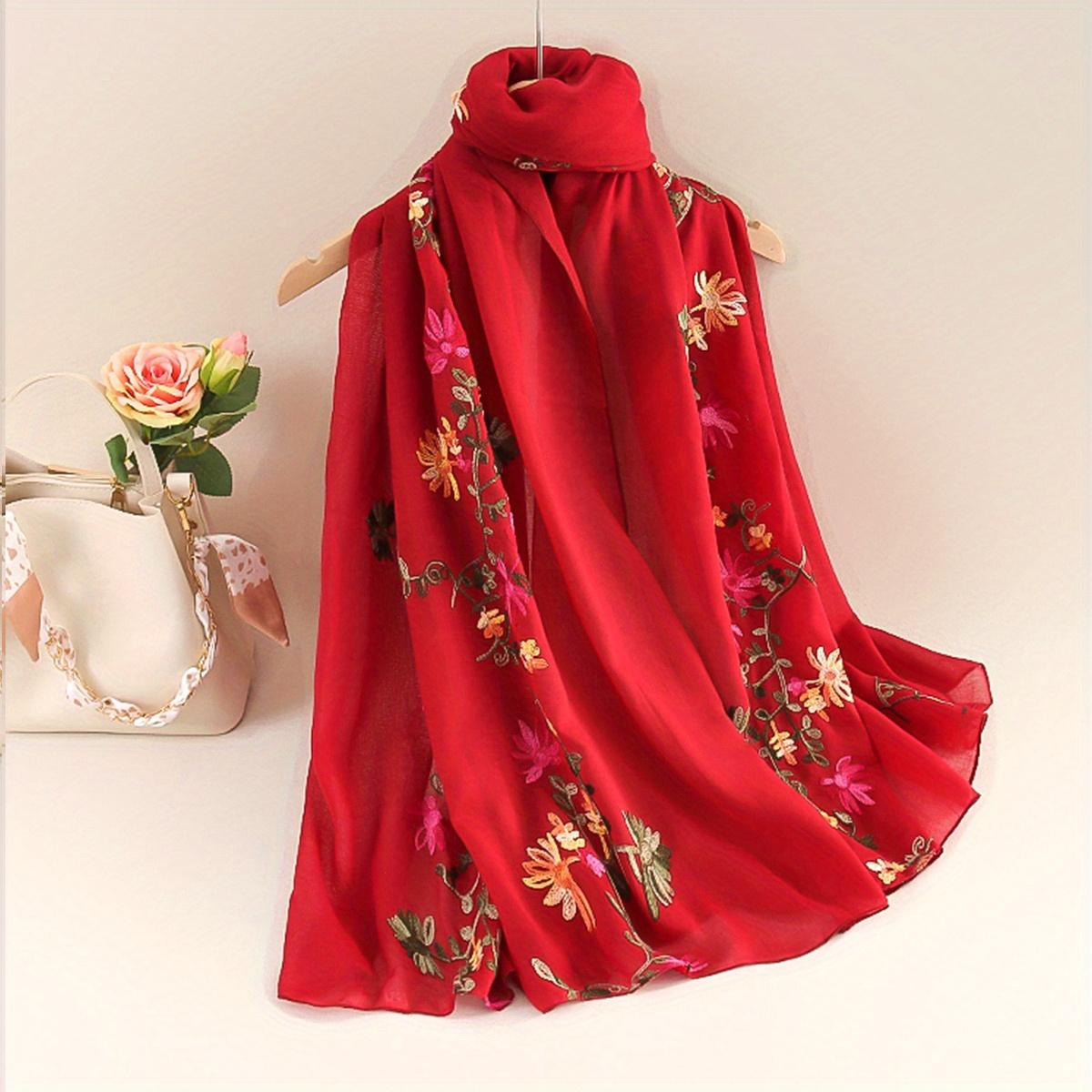 Eleganter Schal mit Blumenstickerei, klassischer, einfarbiger Schal, lässiges Bandana, winddichter Kopfwickel, Hijab, Reise-/Strandtuch 80-180CM rot