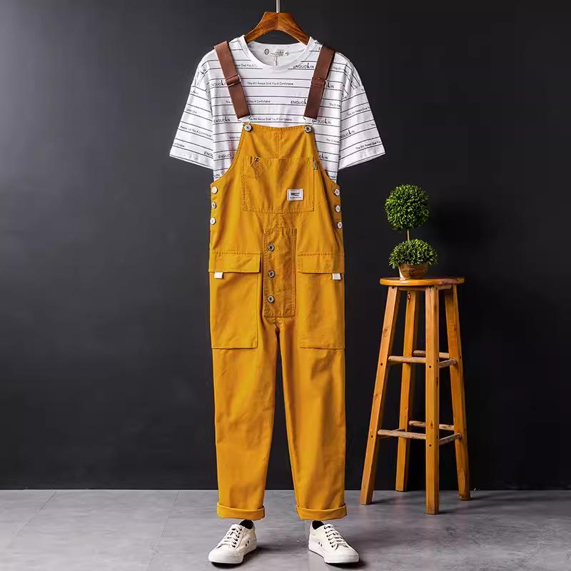 Mode für Männer Jumpsuit Latzhose Einfarbig Jogger Taschen Streetwear Lose Baumwollriemen Hosenträger Herren Cargo Overalls Strampler XXL gelb