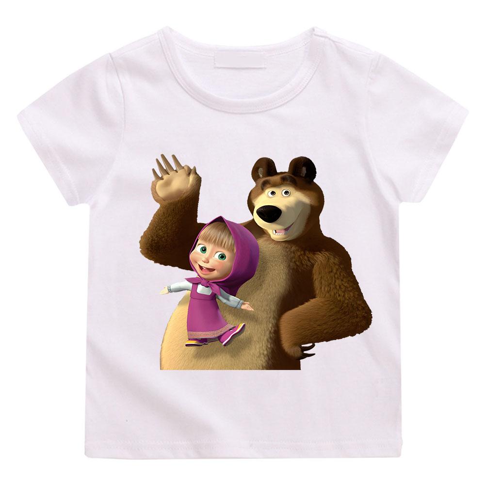Süßes Masha und Bär Anime Kinder T-Shirt Anime Cartoons Kinder T-Shirts Kawaii Freizeitkleidung Junge Mädchen Mode Kurzarm 150 weiß