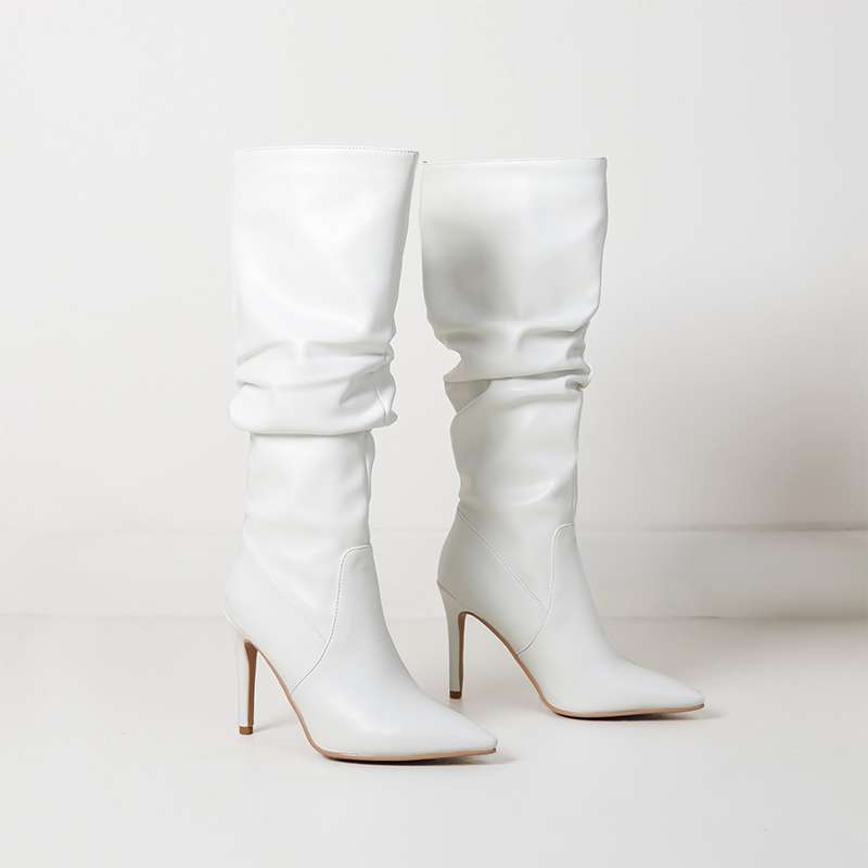 Lenkisen PU Herbst Winter Schuhe Spitz Zehenbereich Super Hohe Absätze Reitstiefel Plissiert Warm Halten Mode Kniestiefel 35 weiß