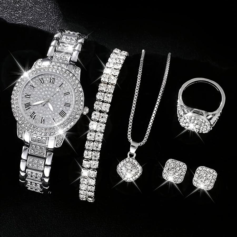 6-teiliges Damenuhren-Set, luxuriöse Strass-Quarzuhr, römische Mode-Analoguhr und Schmuckset, Geschenk für Mama und Sie silber