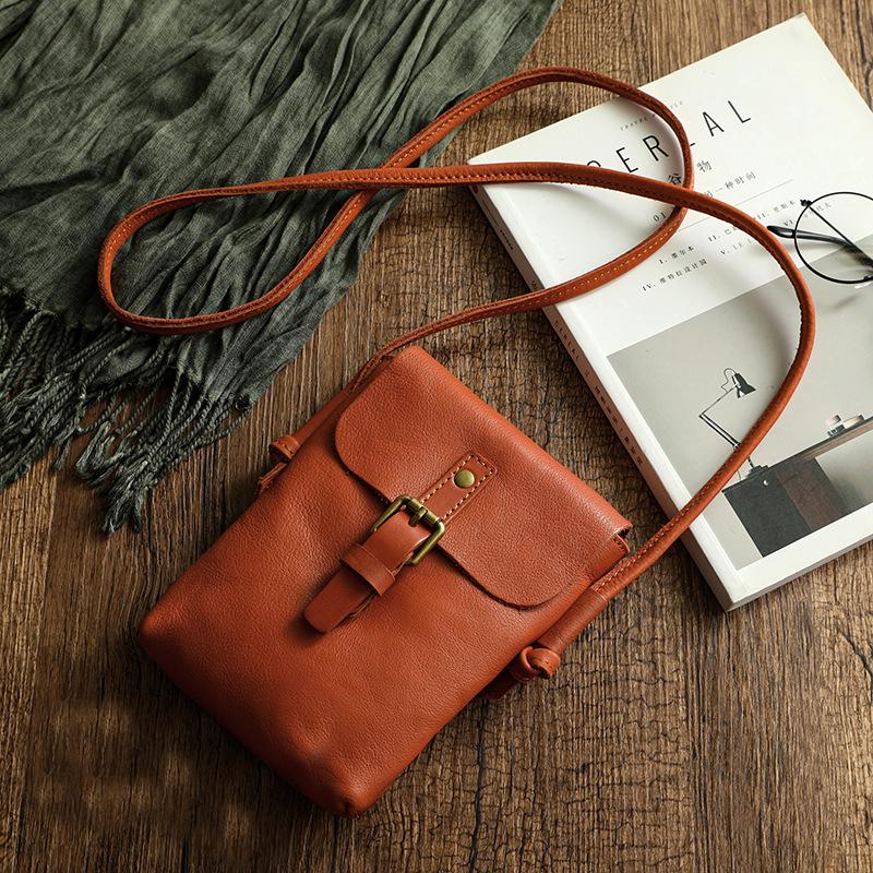 Johnature Simple Echtes Leder Frauen Tasche Retro Solid Color Natürliche Rindsleder Mini Telefontasche Freizeit Kleine Umhängetaschen braun