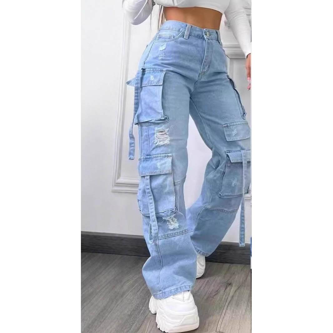 Einfarbig Lässige Arbeitskleidung Denim Hohe Taille Mehrere Taschen Locker Geschnittene Damenjeans Vielseitig Übergröße S hellblaue