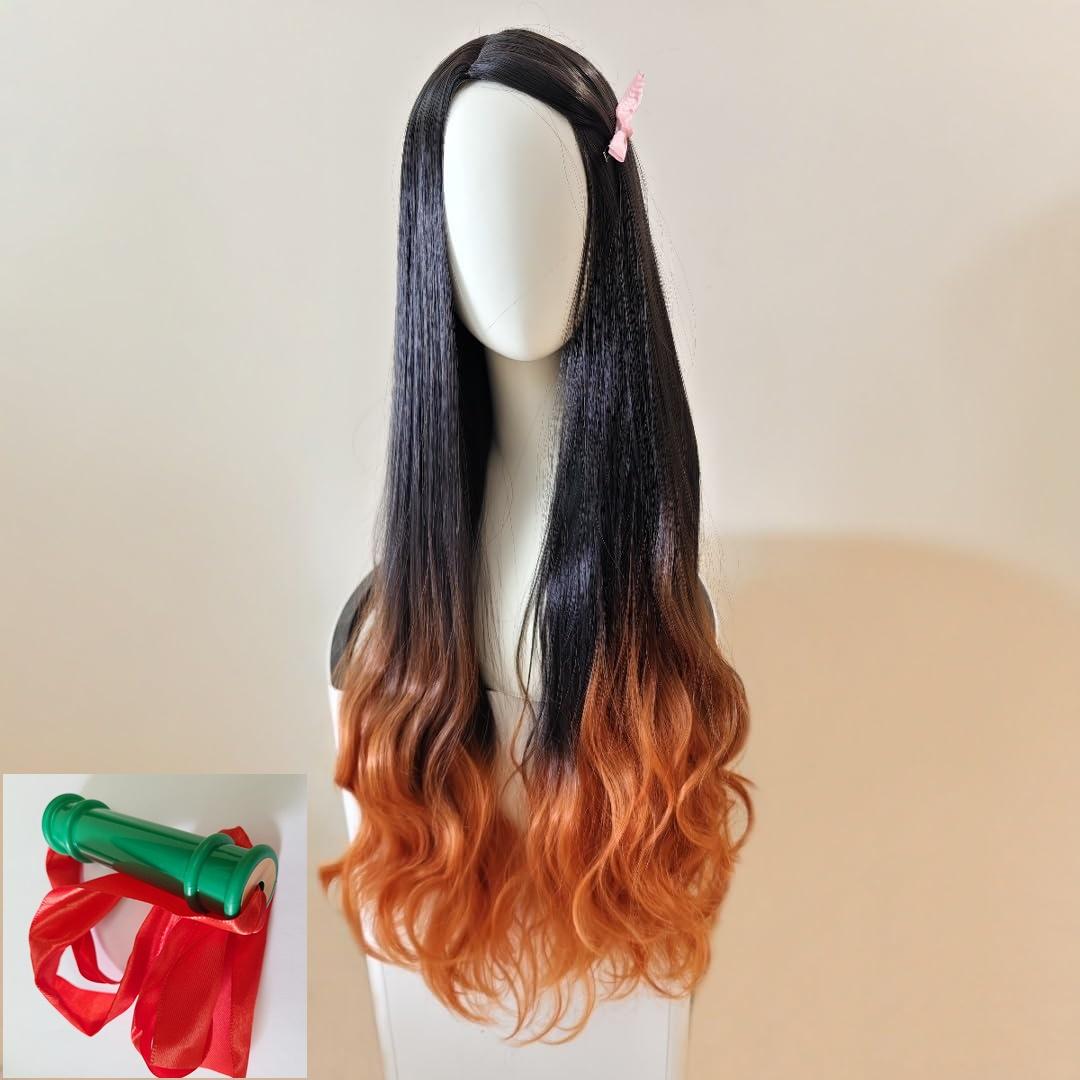 Anime Nezuko Kamado Perücke Halloween Charakter Kostüm Cosplay Perücken Schwarz Orange Farbverlauf Lange Lockige Perücke Kamado Nezuko Bambus Requisiten