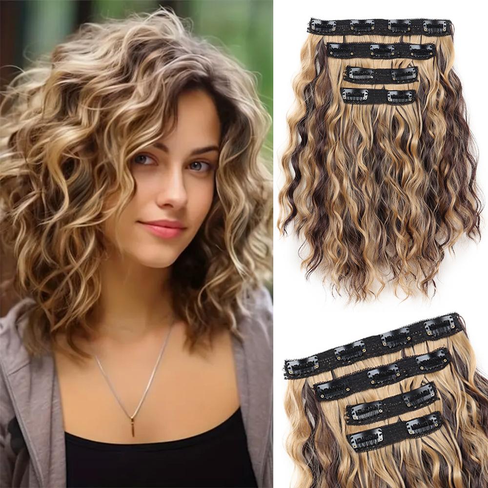 LISI HAIR Synthetische Clip-in Haarverlängerungen Kurz Wellig Braunes Haar 4 STÜCKE Haarverlängerungen Unsichtbare Spitzenweft Natürliche Weiche Haarteile Für Frauen 35cm