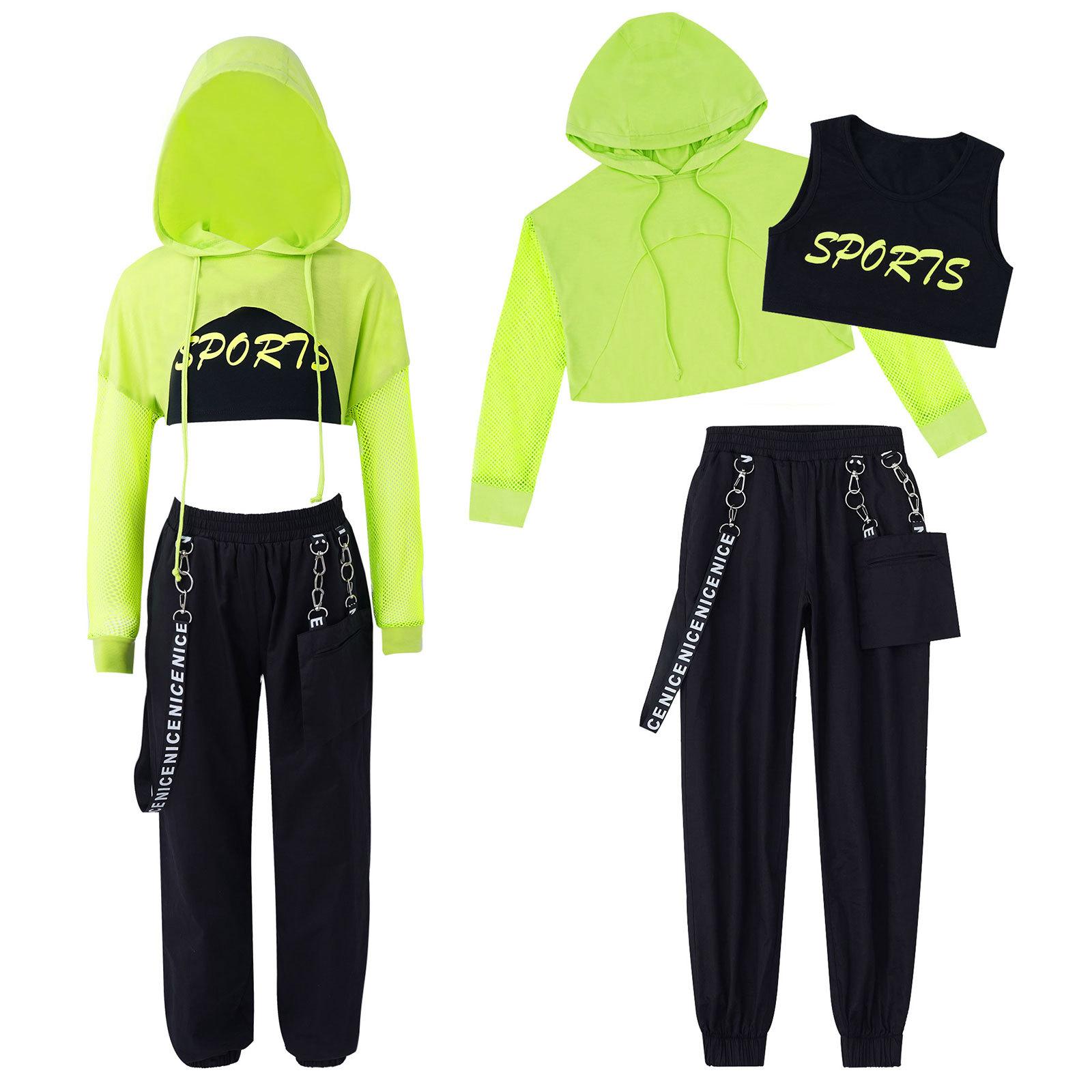 Kinder Mädchen Hip-Hop Street Dance Kleidung Outfits Weste Tops Cargo Jogginghose Net Cover Up Moderne Teenager Mädchen Streetwear 5-6 Years minze, grüne