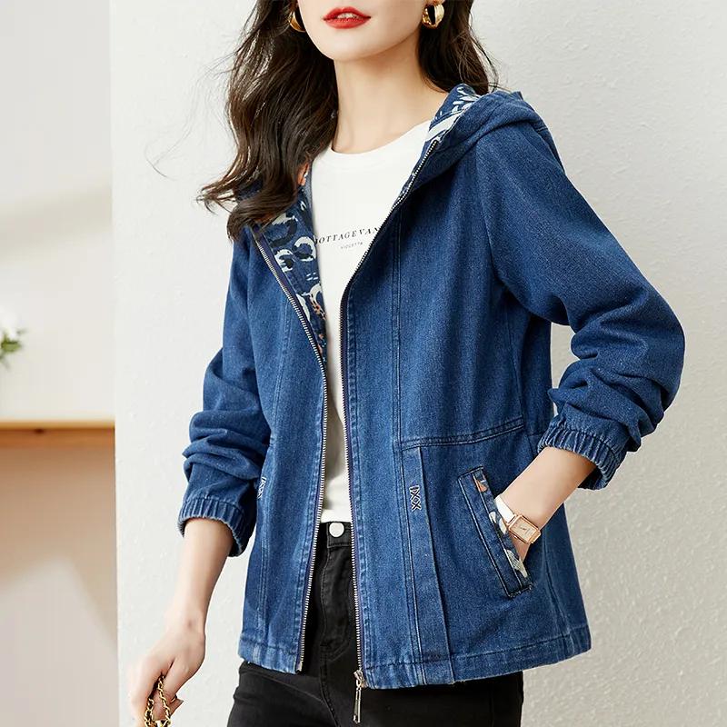 Stylische Kapuzen-Jeansjacke Damen Kurze Jeansjacke Mutter Oberbekleidung Locker Lässige Jacken Frühling Herbst L blau