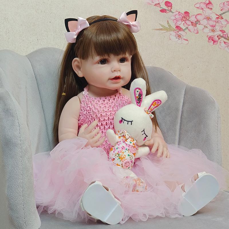 Reborn Puppen Ganzkörper Silikon Vinyl Puppe 55 cm Rosa Schönheit Mädchen Lebensechte Bewborn Baby Prinzessin Bebe Puppen Reborn Puppe Spielzeug braun