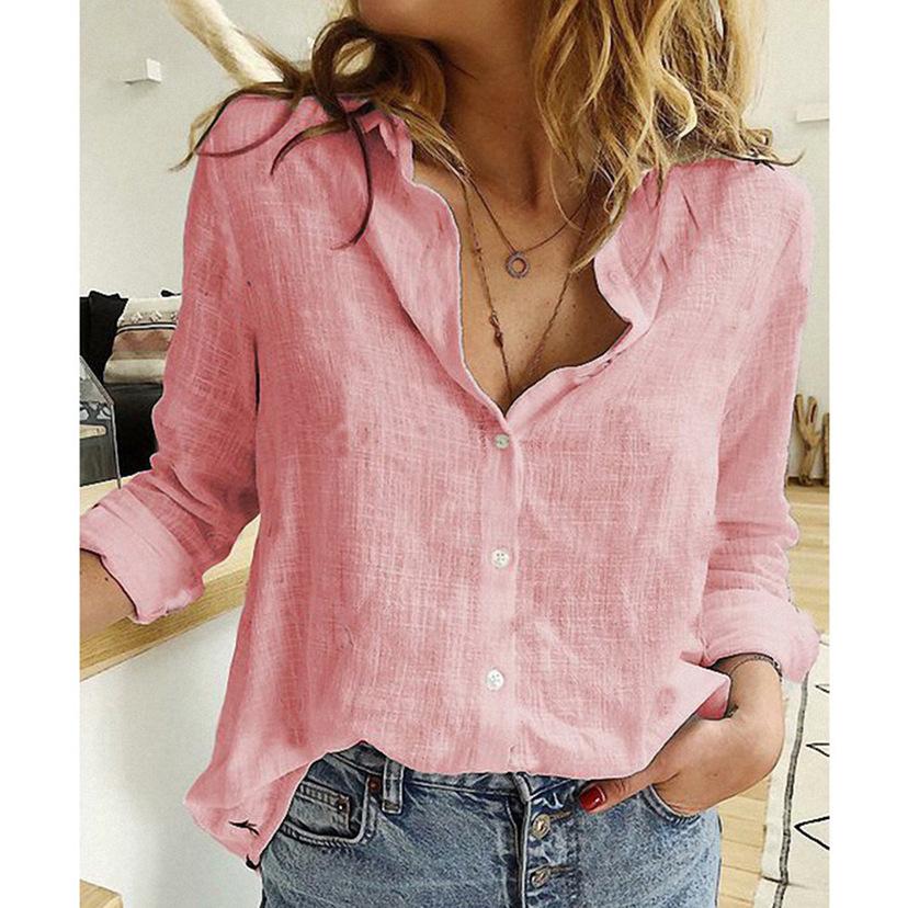 GMXIA Damenmode, lässig, einfarbig, langärmelig, POLO-Ausschnitt, lockere T-Shirts und Leinenhemd-Oberteile 4XL rosa