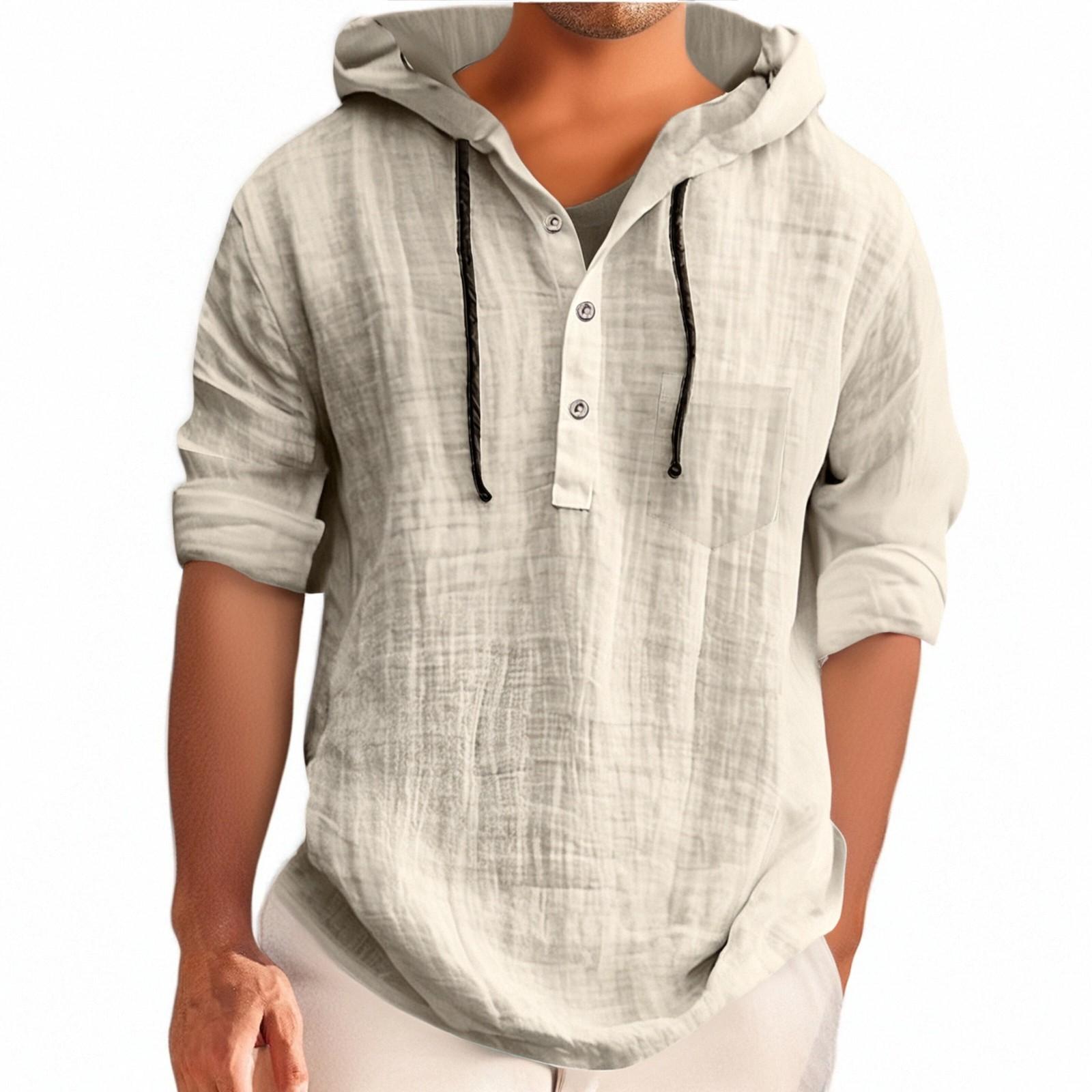 Herren Kapuzenpullover Kurzarm Sommer Baumwolle Hanf Baumwolle Dünn Lässig Einfarbig Lose M beige