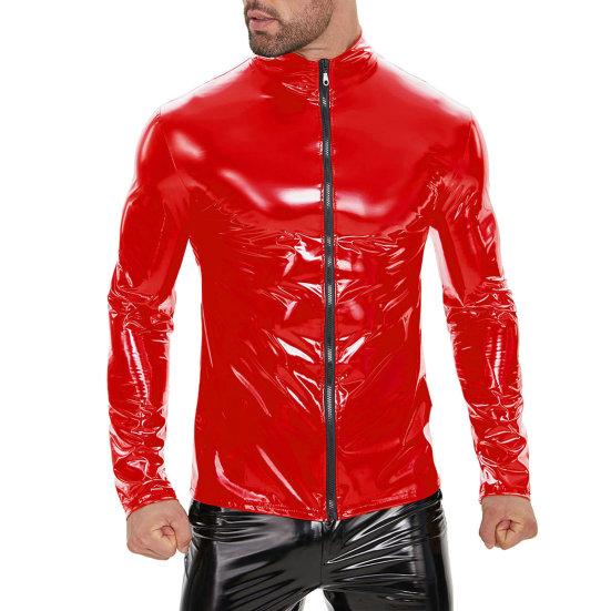Herren-Jacke aus Kunstleder, glatt, glänzend, einfarbig, Stehkragen, Reißverschluss, elastisch, langärmelig, mittellang, für Party, Nachtclub, Performance-Jacke XL rot