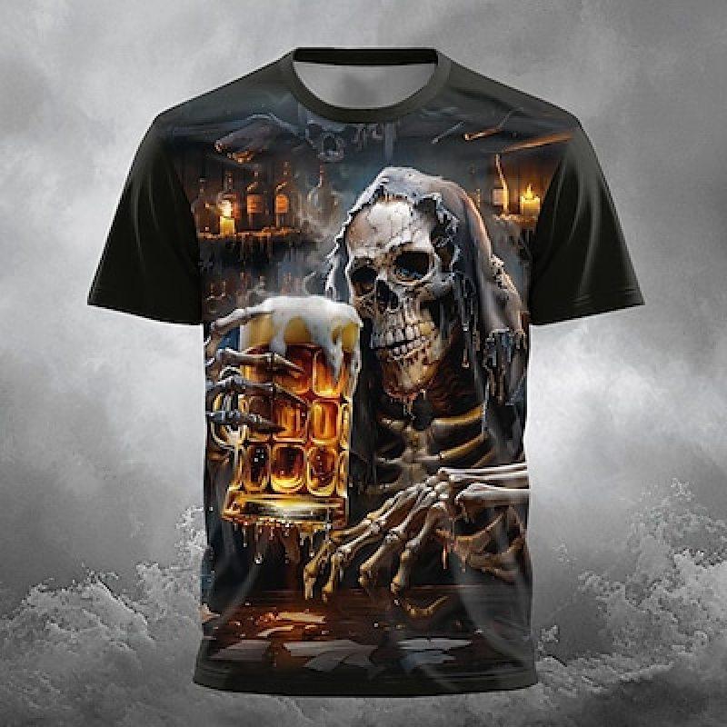 Totenkopf Oktoberfest Bier Designer Gothic Herren 3D Druck T-Shirt T-Shirt Party Street Casual Kurzarm Rundhals Sommerkleidung M white