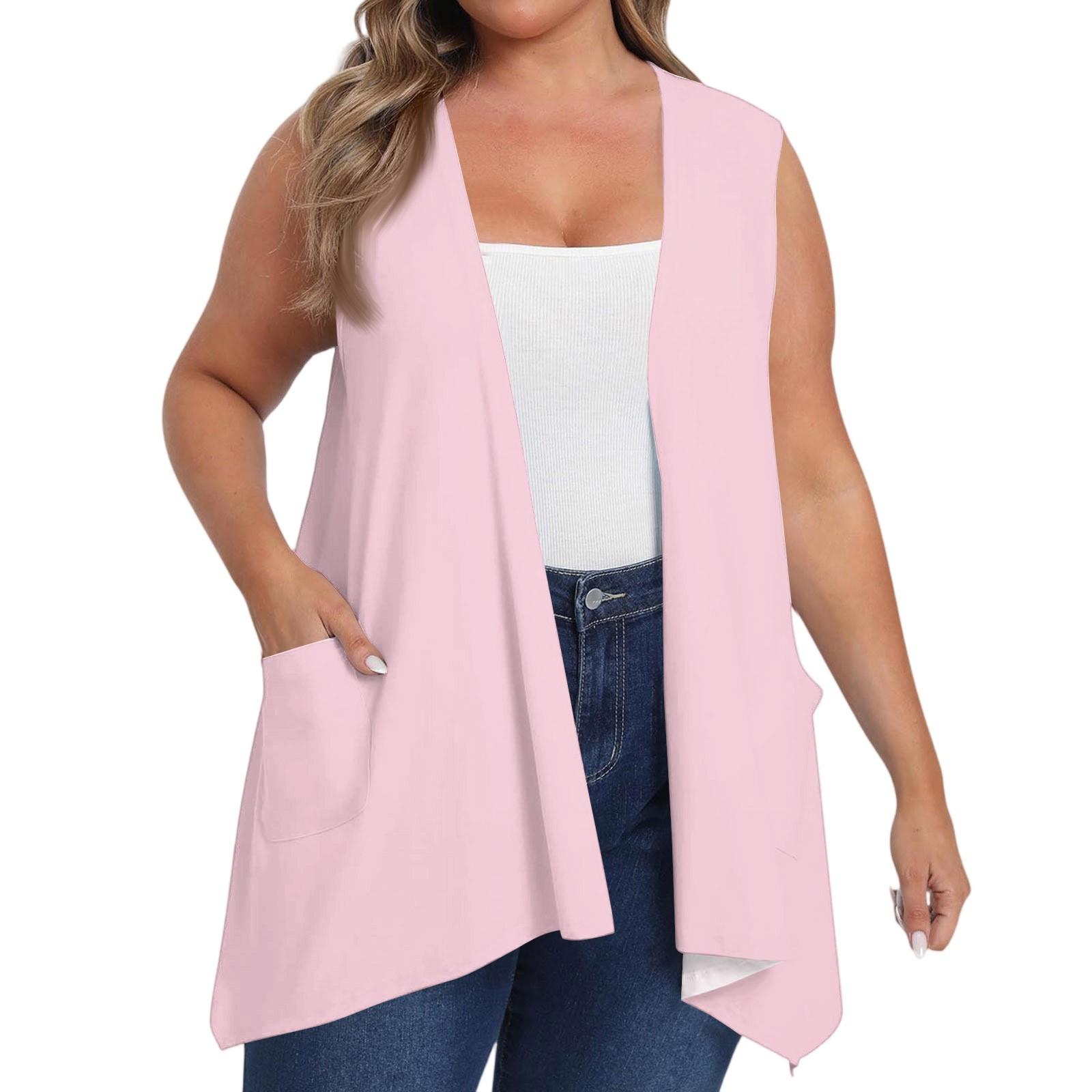 Damen Übergröße Locker Lässig Einfarbig Ärmellose Weste mit Tasche Strickjacke Jacke Strickjacke Jacke XL rosa