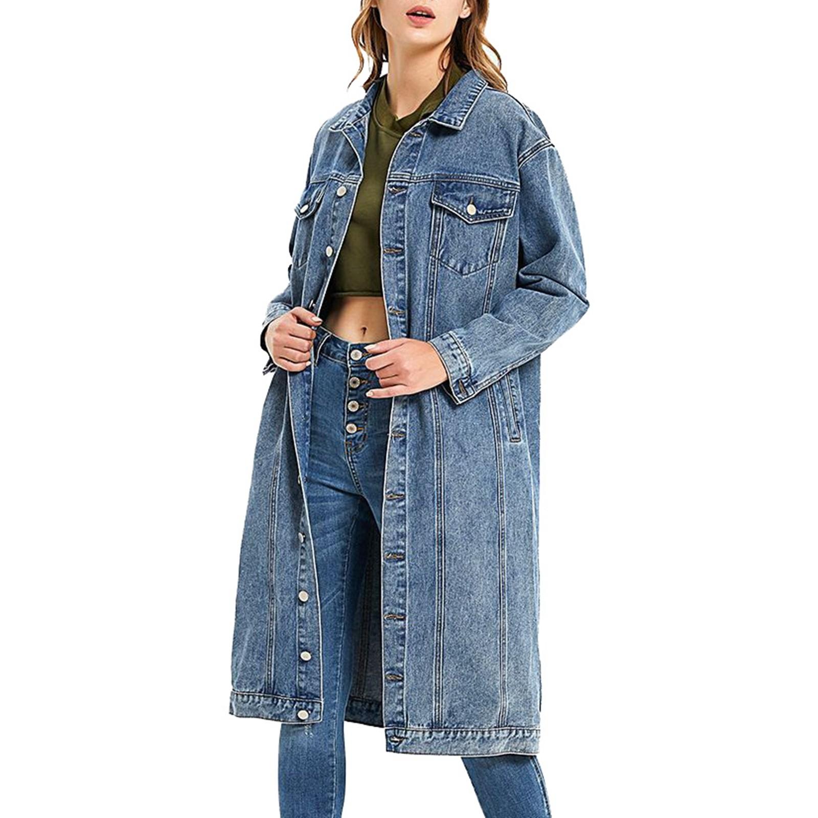 Damen Jeansjacke für Frühling und Herbst, lang, Vintage, schmale Passform, stylische Jeansjacke, lässige Streetwear-Outwear XL blau