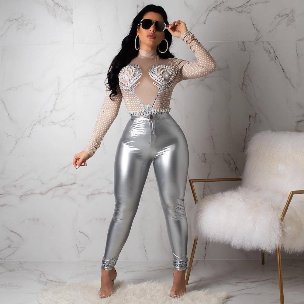 Frauen Latex Faux Pu Leder Hosen Hosen Push-Up Hohe Taille Dünne Hosen Bleistift Herbst Winter Einfarbig Sexy Hosen weibliche M silber