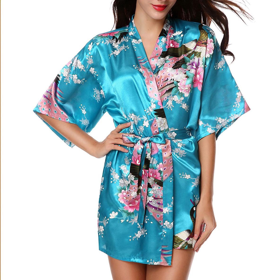 Seide Royal Floral Frauen Robe Sexy Hochzeitskleid Nachtwäsche Nachthemd Kimono Bademantel XXL see-blaue