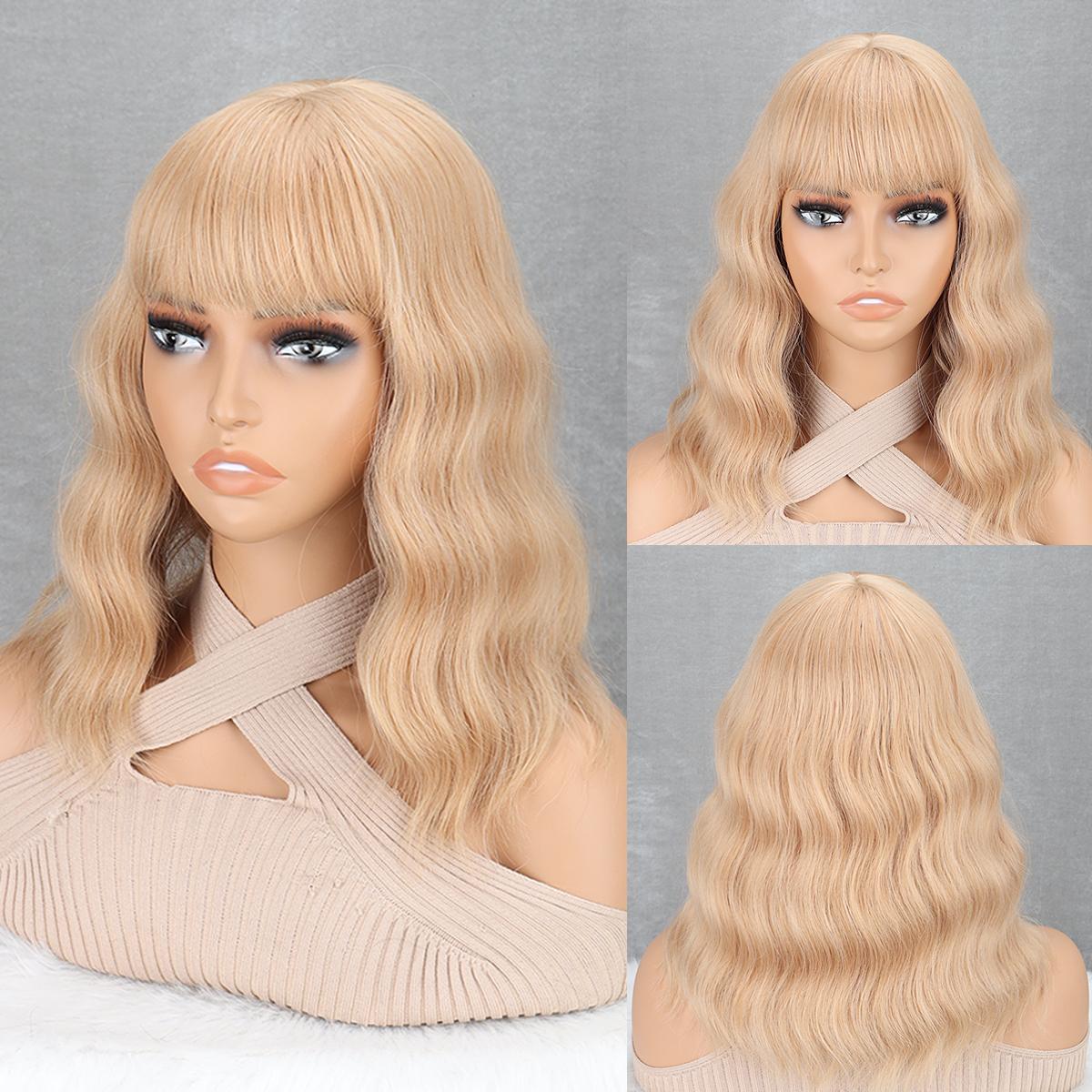 Miss Wig Synthetische, kurze, lockige, gewellte Perücke mit Pony, mittellanges, schulterlanges Haar, Perücke für Frauen 30cm