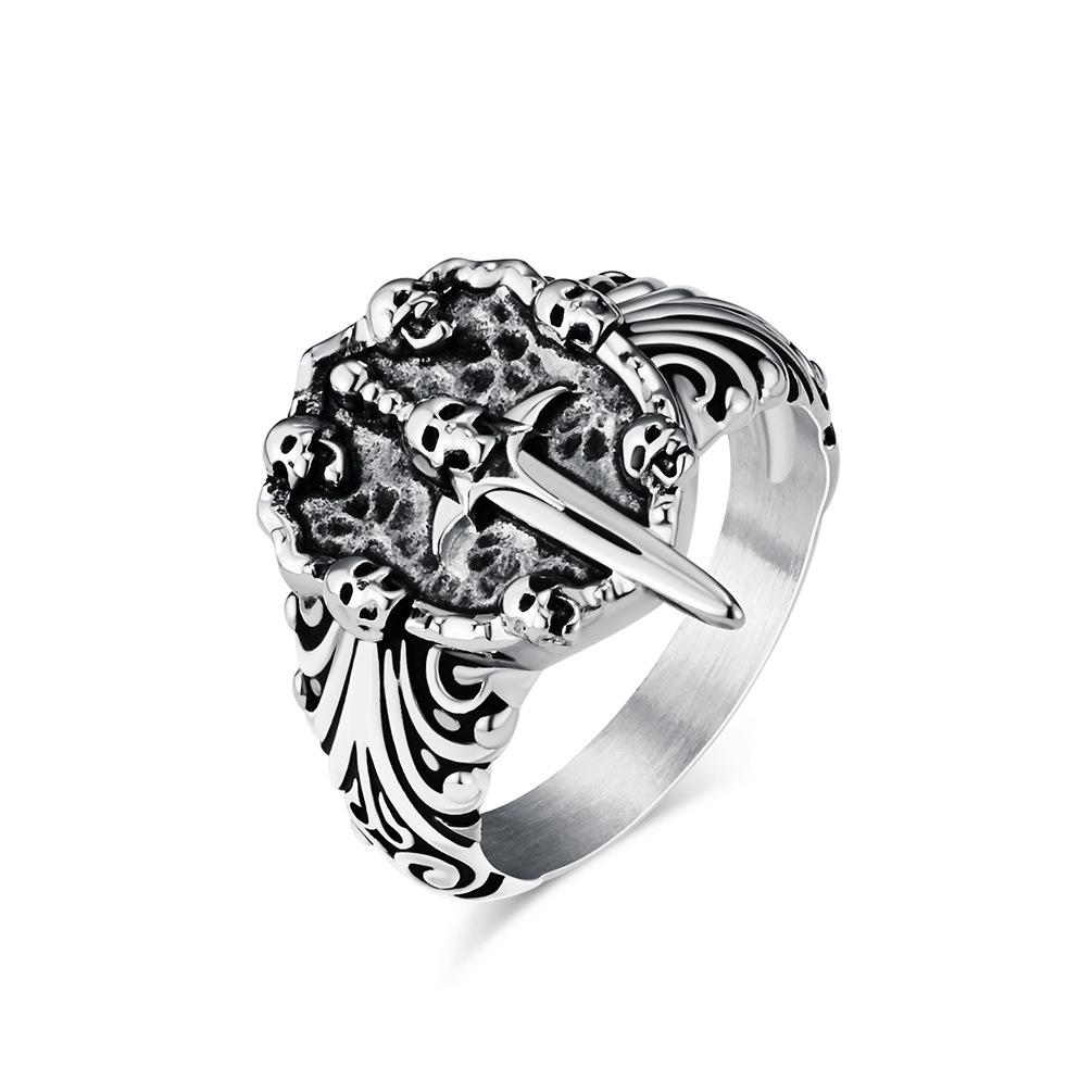 Europäischer und Amerikanischer Retro-Stil Totenkopf Heiliges Schwert Titanstahlring Herren Personalisiert Mode Dunkler Edelstahl 13#