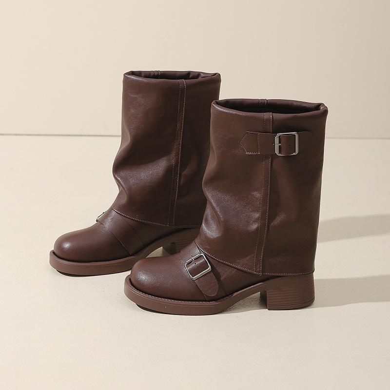 Vintage Western Cowboy Stiefel Damen 2025 Plissierte Stiefel mit Schaft Absatz Gürtelschnalle Mittelgroße Stiefel Große Größe Ritterstiefel 43 dunkelbraune