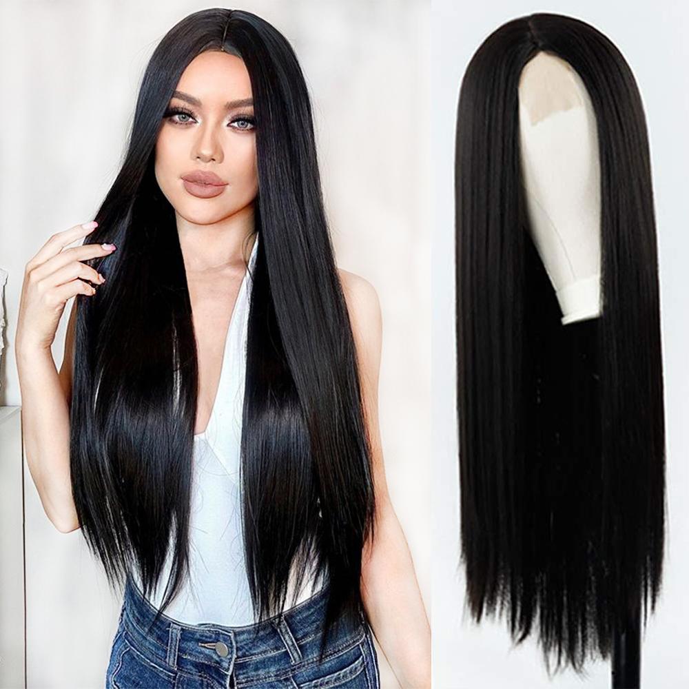 Synthetische lange gerade Perücke Modeverlängerung Lace Front Perücke ohne Pony schwarze Perücke für Frauen tägliche Cosplay-Kleidung 60cm