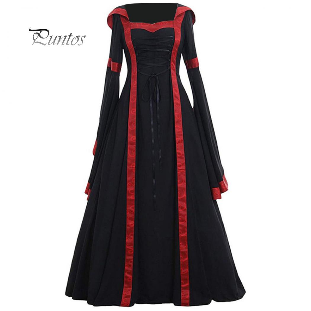 Fashion Goods Damen-Kostüm mit Schnürung, langärmelig, bodenlang, mittelalterliches Kleid, Halloween-Kostüm M schwarz