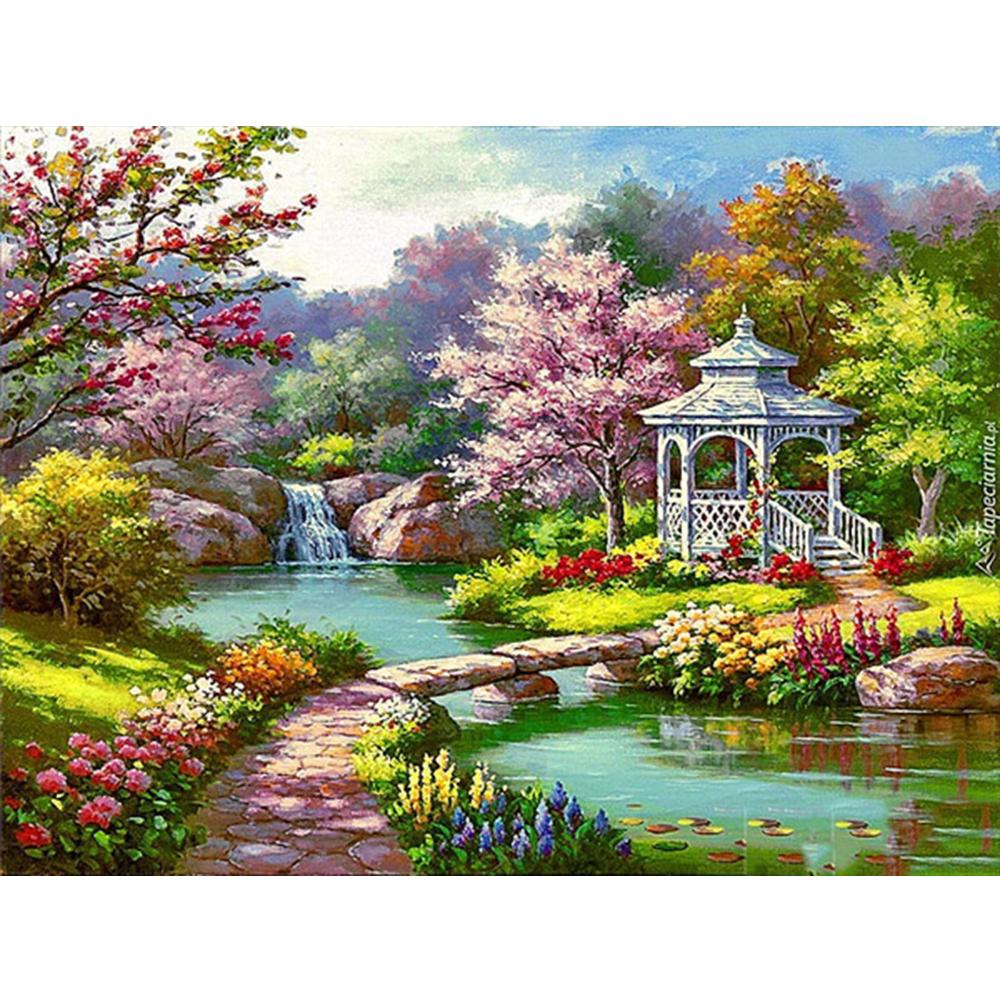 Vollquadrat Diamant Malerei Garten Kreuzstich Diamant Stickerei Landschaft Kirschblüten Mosaik Haus Dekor für Zuhause Full Square 20X30CM elfenbein