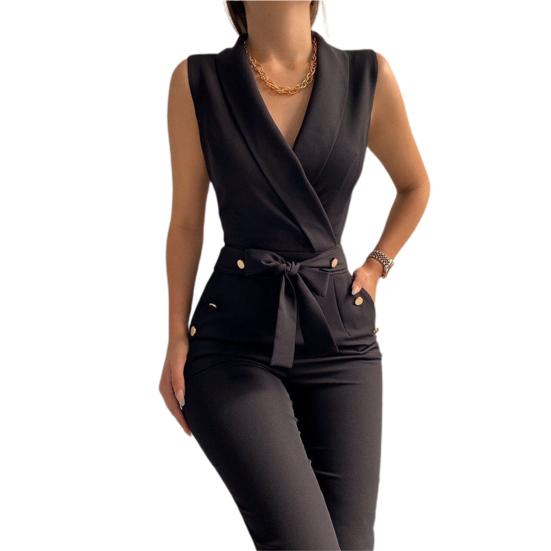 Damen-Overall, einfarbig, ärmellos, elegant, schlicht, Umlegekragen, Bandage-Overall für Hochzeit S schwarz