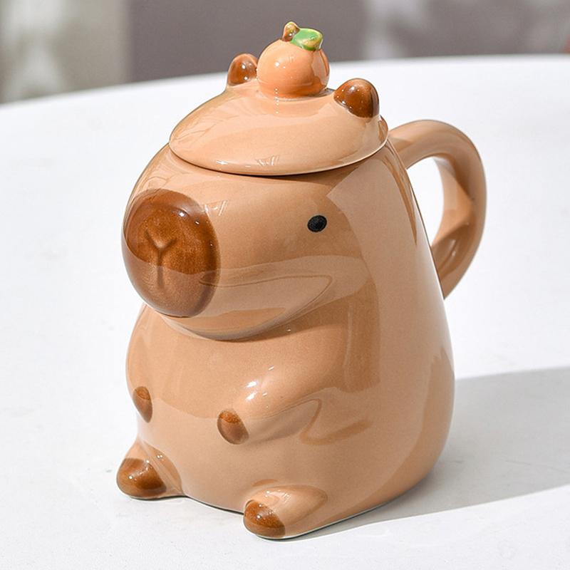 3D-Capybara-Tasse, Keramik-Kaffeetasse, Cartoon-Capybara-Pärchen-Tasse mit Henkel und Deckel, lustige Teetasse, Geschenk für Mädchen, Party, Foto-Requisite braun