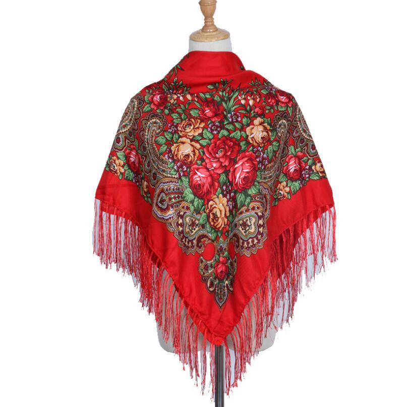 Mode Neue Retro Schal Mit Fransen Print Schal Dame Floral Schal Cape rot