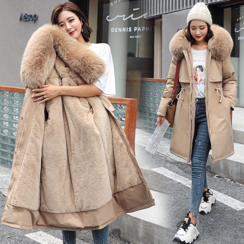 Winter Jacke 2023 Neue Frauen Parka Kleidung Langen Mantel Wolle Liner Mit Kapuze Jacke Pelz Kragen Dicke Warme Schnee Tragen Gepolsterte parka 6XL 5XL hellbraun