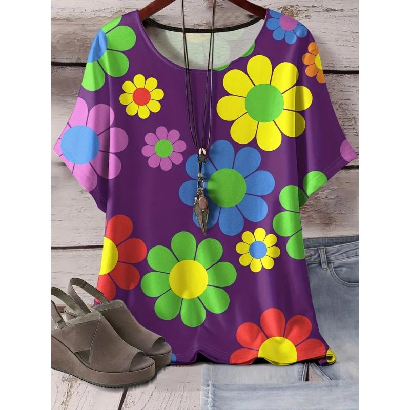 Modisches Damen Rundhals Kurzarm 3D Blumen Farbdruck Blumen Kurzarm Rundhals T-Shirt M blue