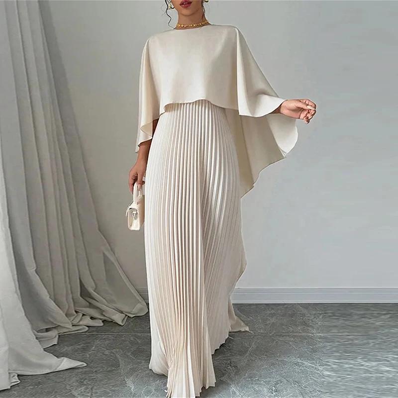 Damen Elegant Rundhals Unregelmäßiger Schal & Weste Plissee Kleider Herbst Einfarbig Mantel 2 Stück Set Lose Abendkleid Urlaub XL beige