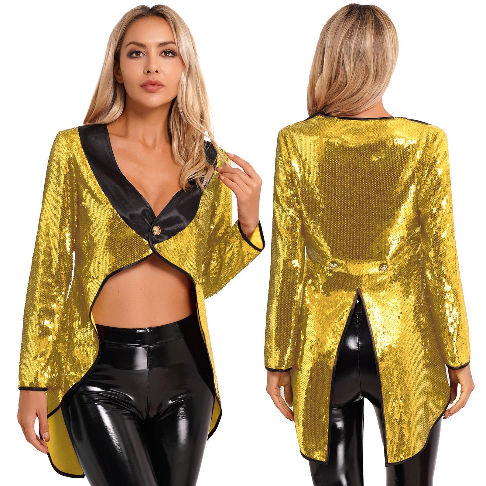Damen-Smoking-Oberbekleidung, Zirkus-Zirkusdirektor, Halloween-Kostüme, Frack, Jacke, glitzerndes Pailletten-Zaubererkleid mit einem Knopf XXL gold