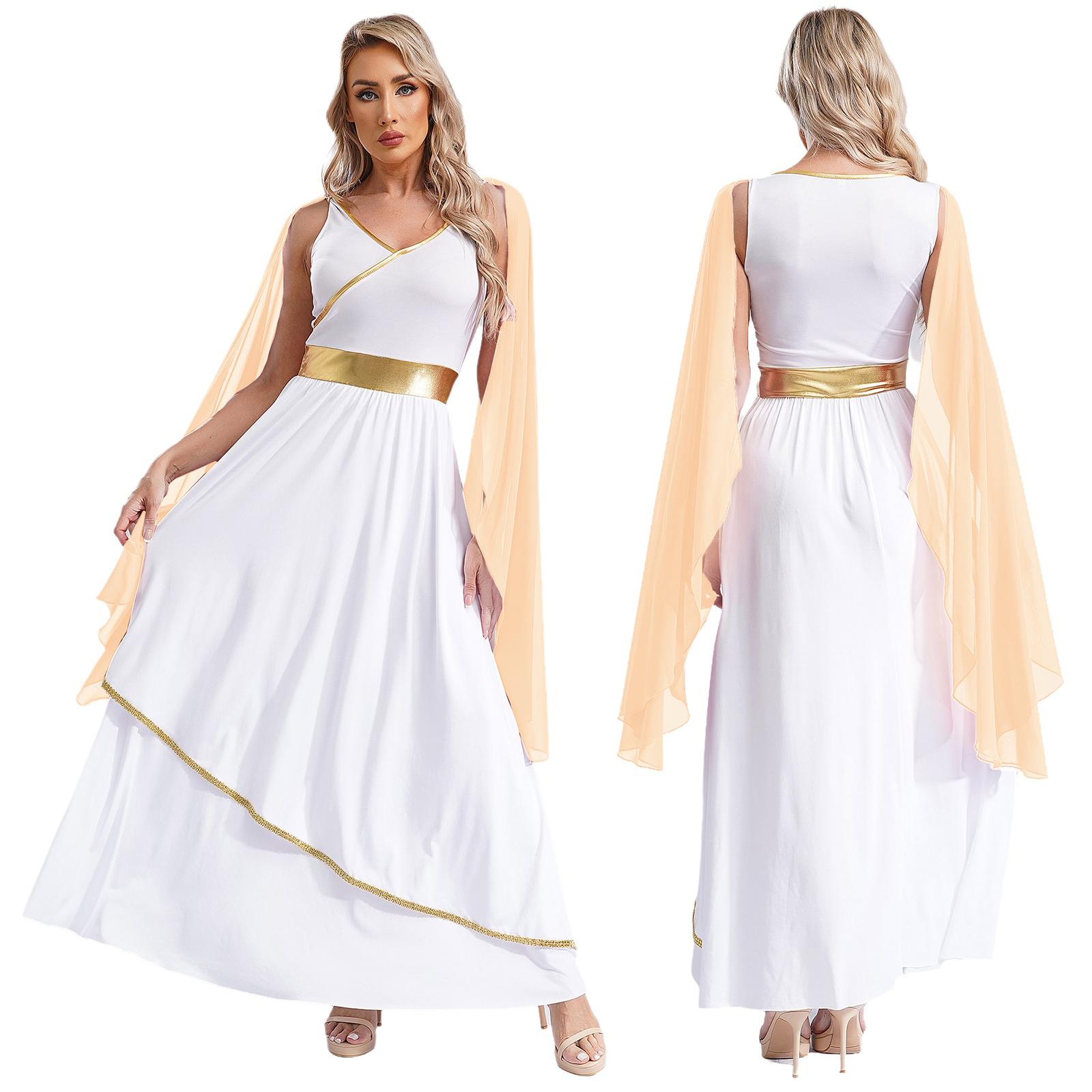 Damen Antikes Griechisches Schönheitskleid Halloween Kostüme V-Ausschnitt Ärmellos Goldbesatz Toga Griechenland Römische Königin Cosplay Kleid M champagner