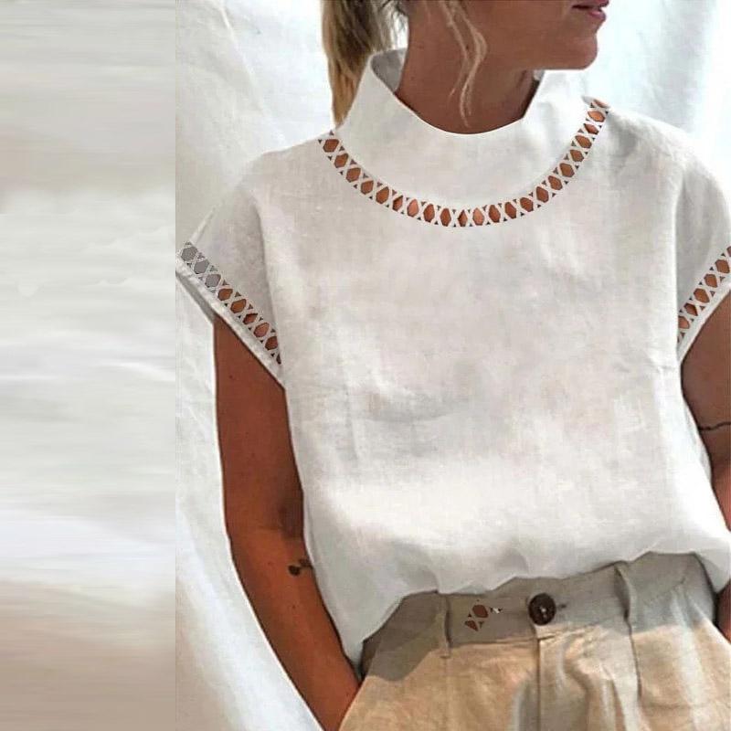 Frauen Bluse Einfarbig Hohl Top Casual Stehkragen Baumwolle Leinen Blusen Damen Spitze Patchwork Atmungsaktive Hemd M weiß