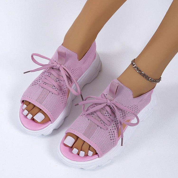 Sommer-Damen-Sandalen, Mesh-Freizeitschuhe, weiße, dickbesohlte Schnür-Sandalen, offene Zehen-Strandschuhe für Damen 42 rosa