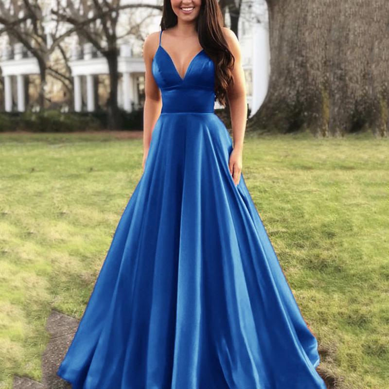 Mode Damen Sexy V-Ausschnitt Einfarbig Kleid Träger Abendkleid M blau