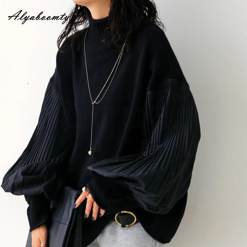 Korean Fashion Herbst Winter Frauen Stilvolle Pullover Rollkragen Schwarz Khaki Patchwork Beiläufige Lose Pullover Laterne Ärmel Damen Pullover One Size schwarz