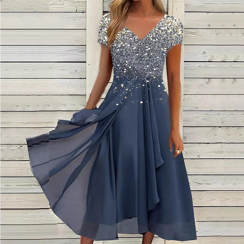 Frauen Sommer V-ausschnitt Kurzarm Swing Kleid Abend Cocktail Party Midi Kleid Plus Größe XXXXXL blau