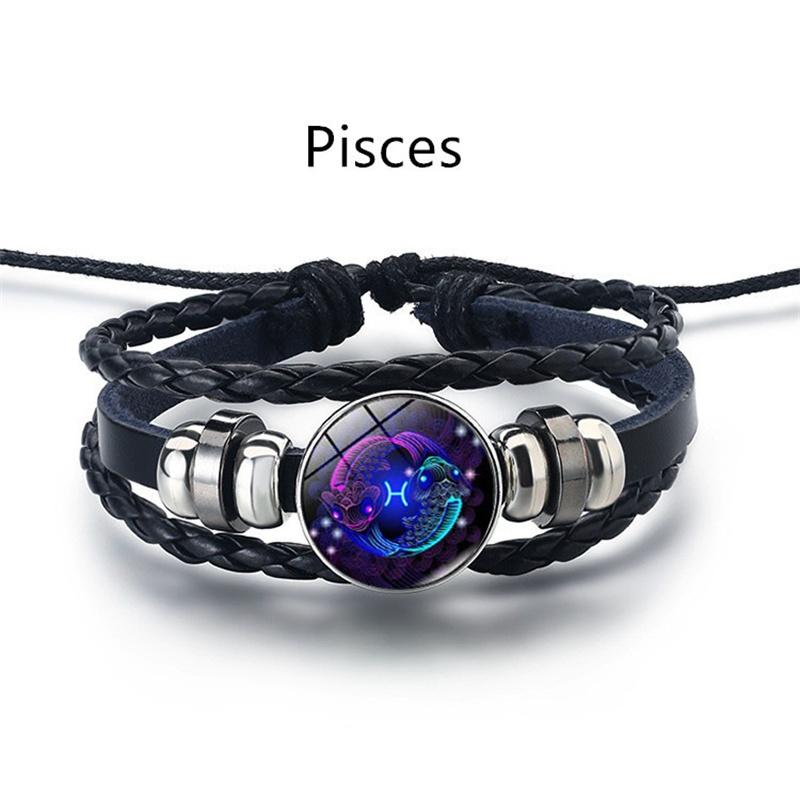 12 Sternbild Leuchtendes Webleder Armband Charm Armband Herren Damen Mode Mehrschichtig Tierkreiszeichen Armband Geburtstagsgeschenke ADM Pisces black