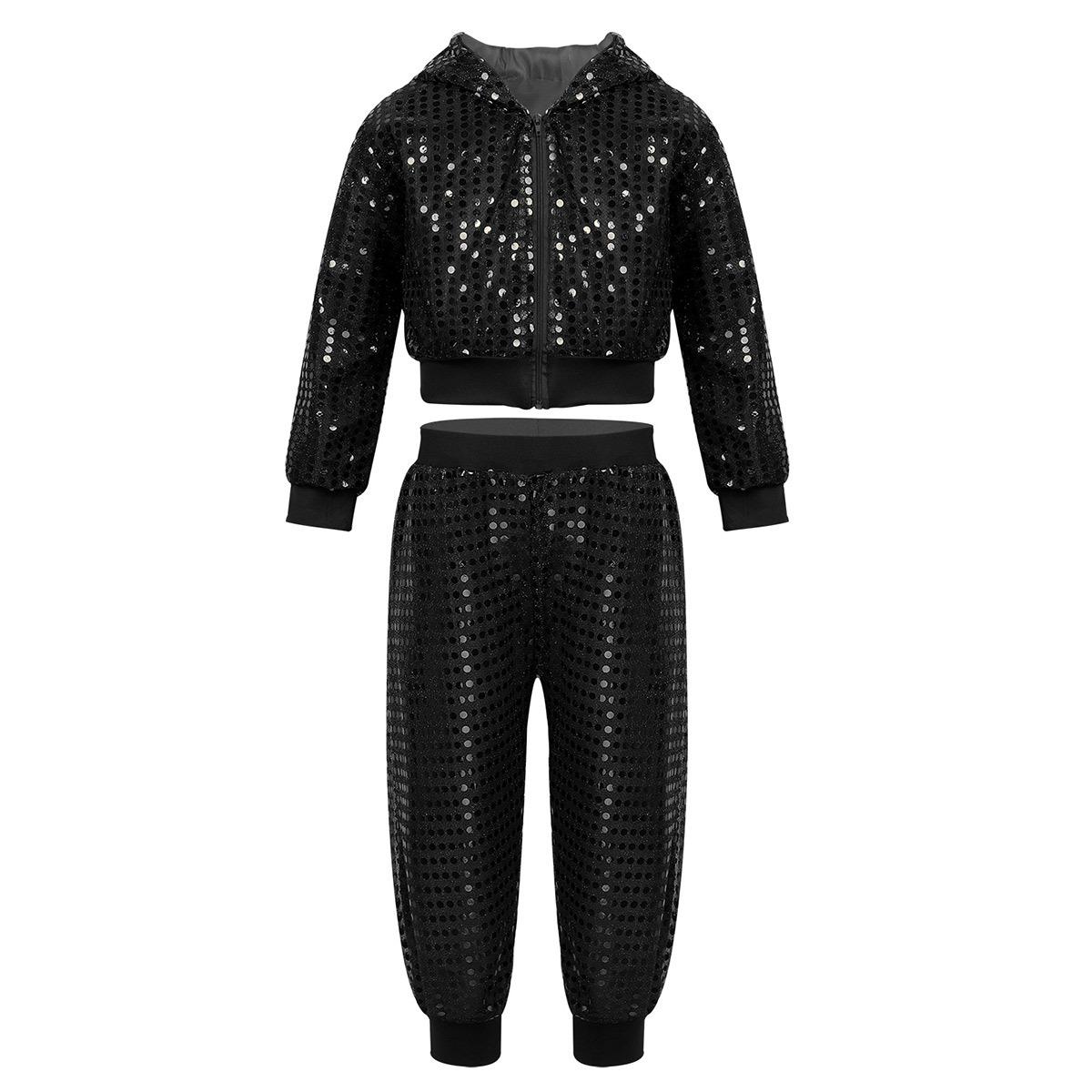 Kinder Jungen Mädchen Glitzernde Pailletten Langarm Hip Hop Jazz Street Dance Kostüme Langarm Kapuzenjacke Hosen Set 10-12 Years schwarz