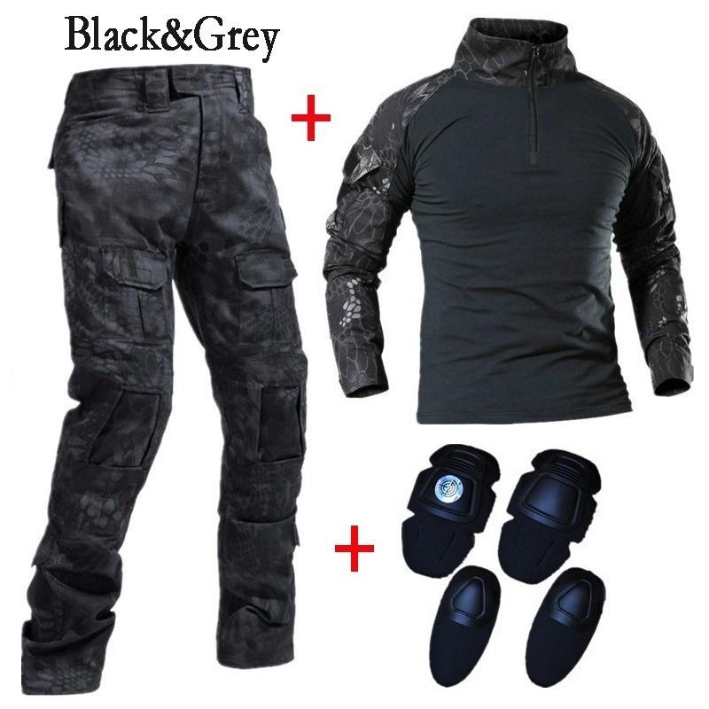 Taktische Camouflage Militäruniform Kleidung Anzug Männer US Army Kleidung Army Combat Shirt + Cargohose + Ellenbogen-Knieschützer L