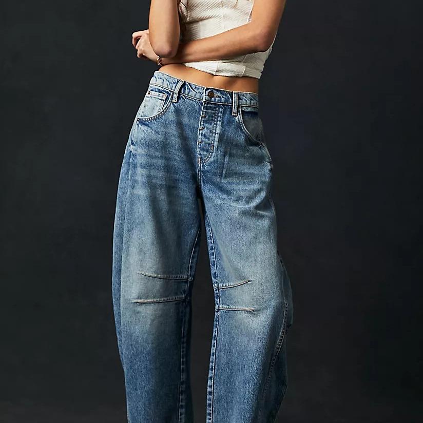 Lässige Damenjeans Weitbeinjeans Taschen Hip Hop Retro Mittlere Taille Geformte Lockere Denimhosen M blau