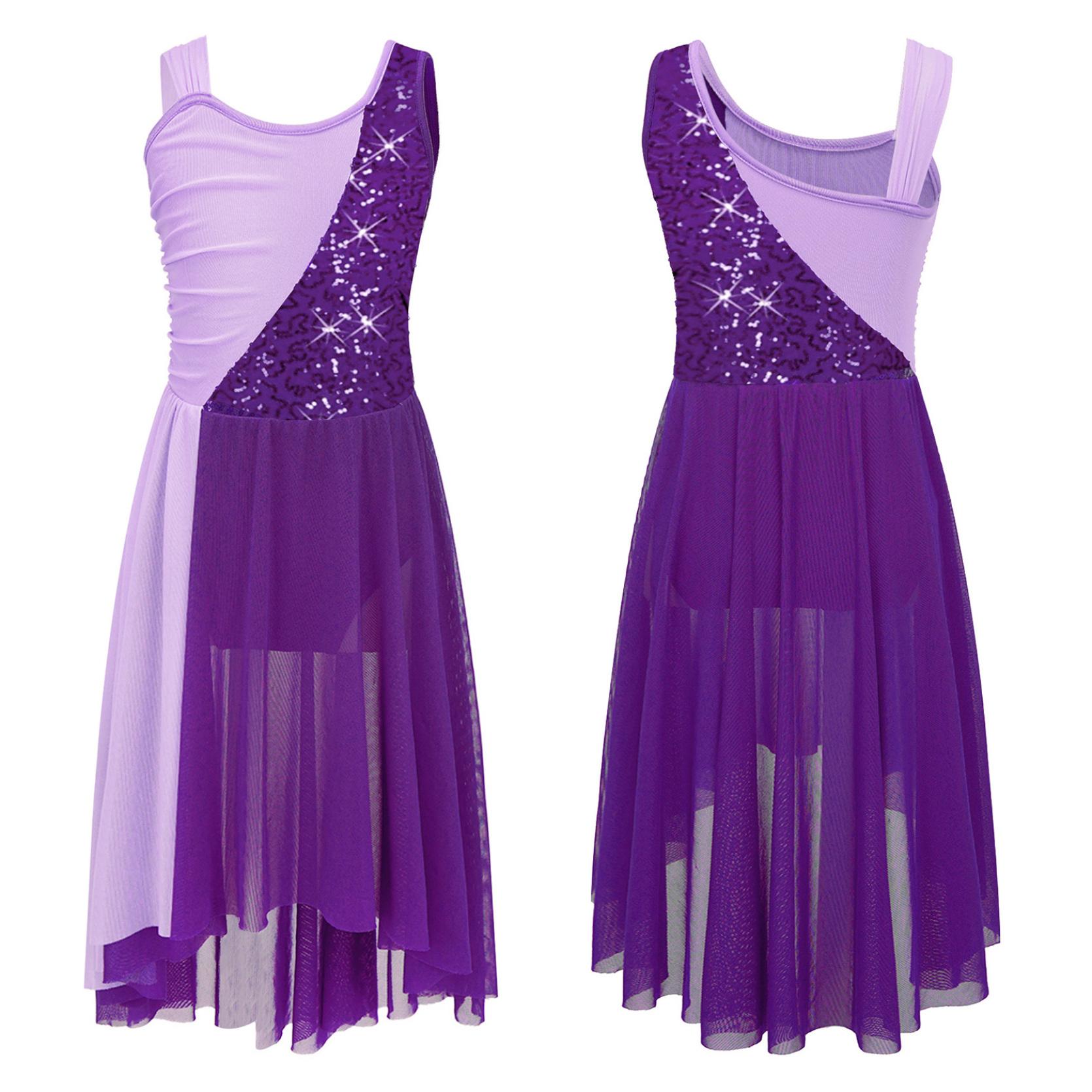 Kinder Mädchen ärmellose Chiffon Lyrical Dance Kostüme Farbblock Trikot Kleid moderne zeitgenössische Kleider 7-8 Years violett